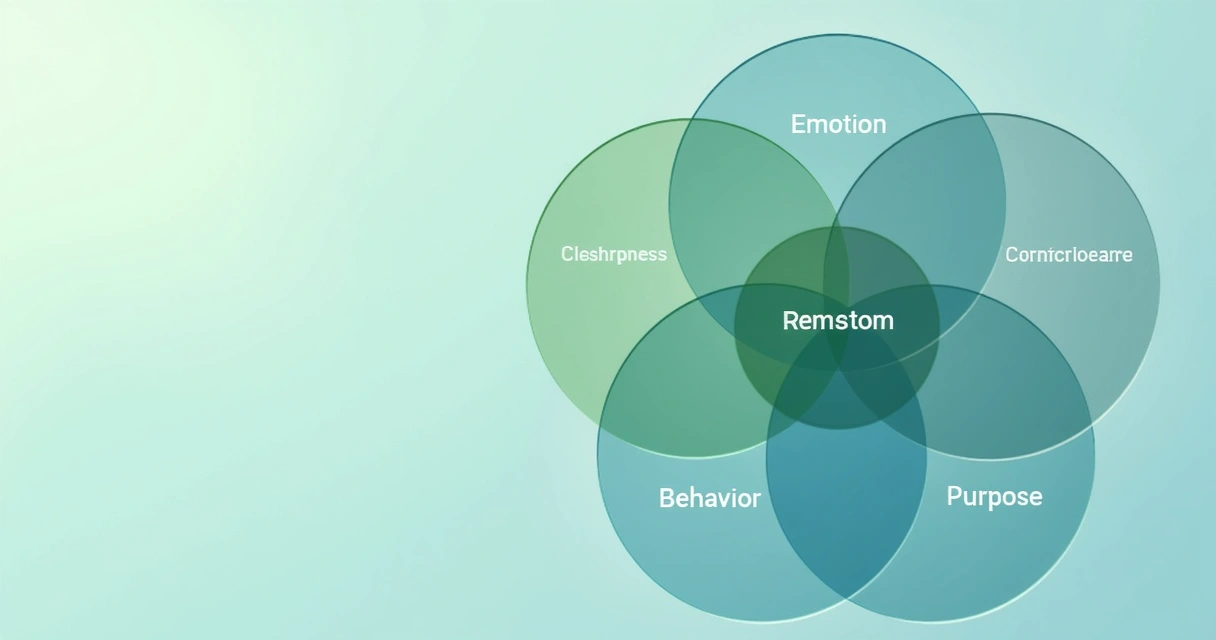 Diagrama ilustrando a integração entre emoção, consciência, comportamento e propósito 