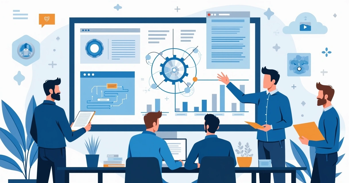 Ilustração plana corporativa de profissionais criando diagramas de sistemas em grandes telas com elementos tecnológicos ao fundo 