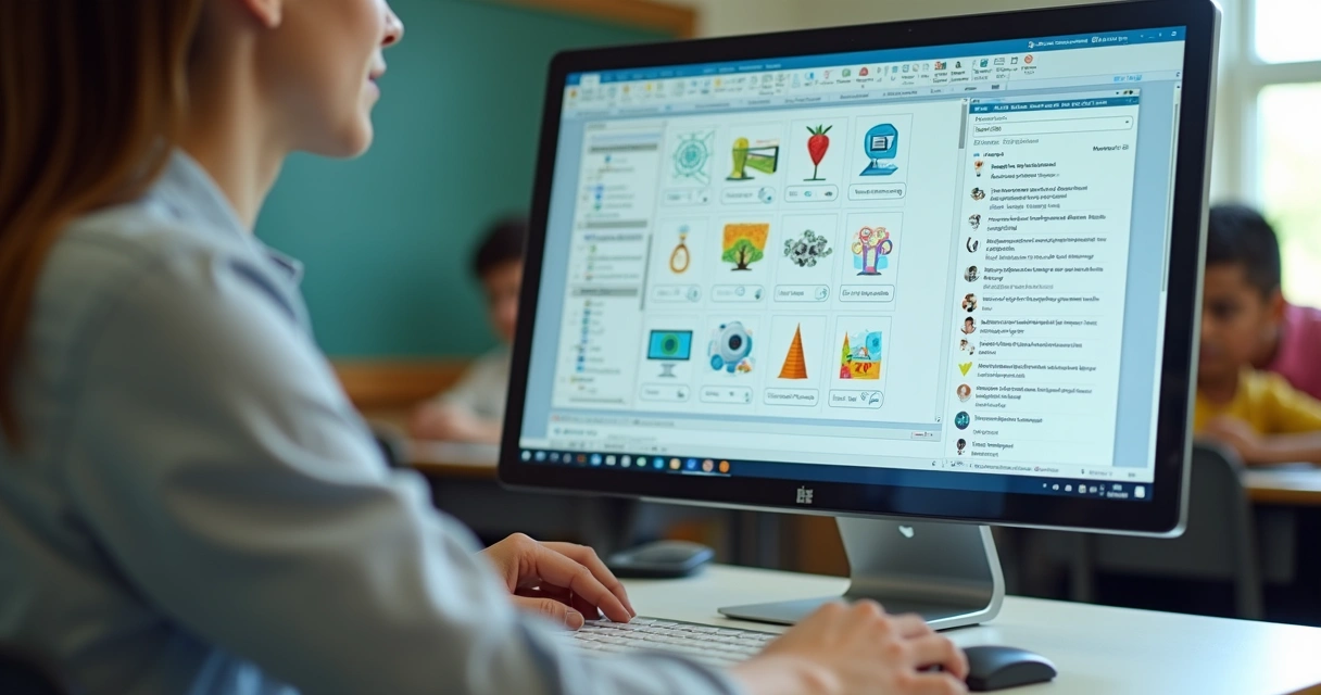 Professor usando computador para diagramar prova escolar com imagens e gráficos 