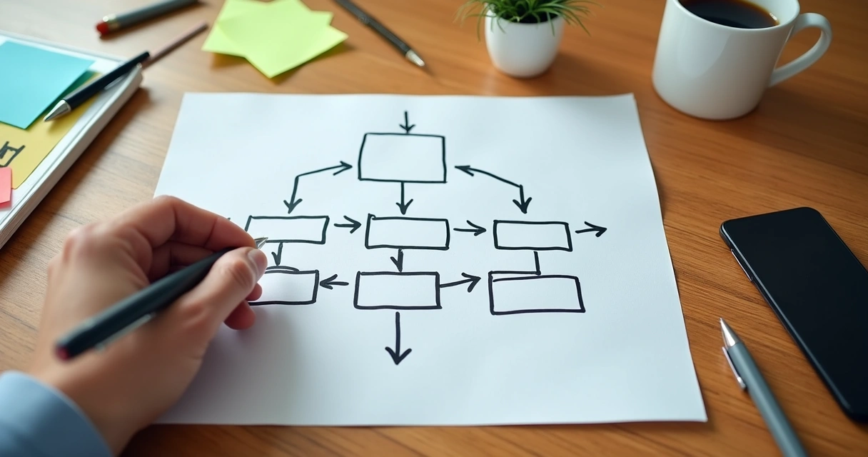 Exemplo de diagrama de processo simples desenhado em papel 
