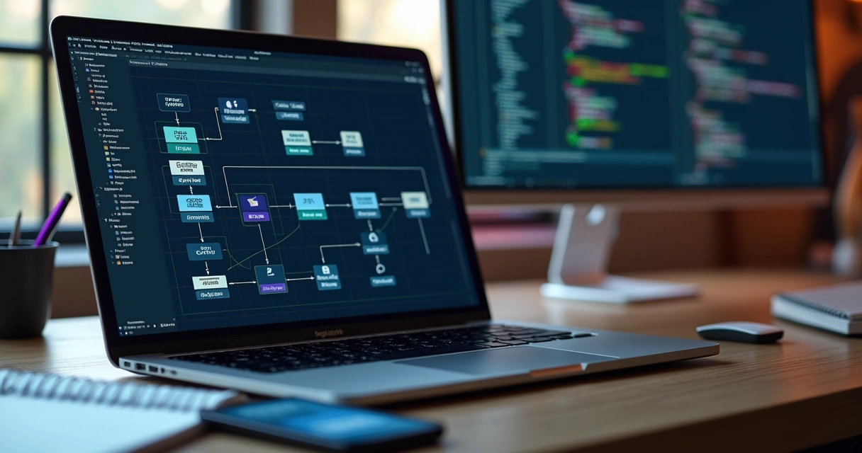 Fluxo de integração de API RESTful representado em diagrama técnico na tela de um notebook 
