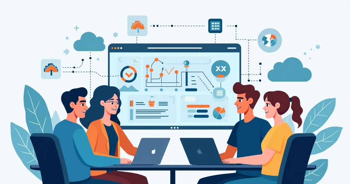 Ilustração corporativa com profissionais de tecnologia colaborando em diagramas de arquitetura de software em telas digitais 