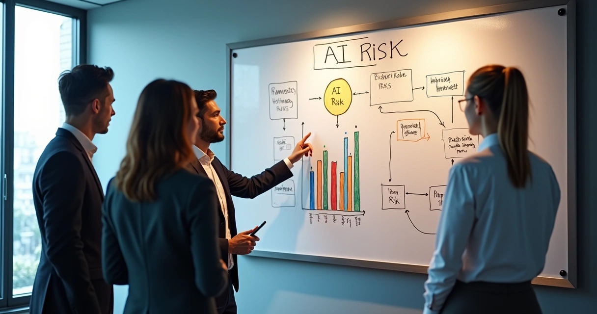 Quadro branco com diagramas e gráficos sobre classificação de risco de IA, equipe analisando fluxos. 