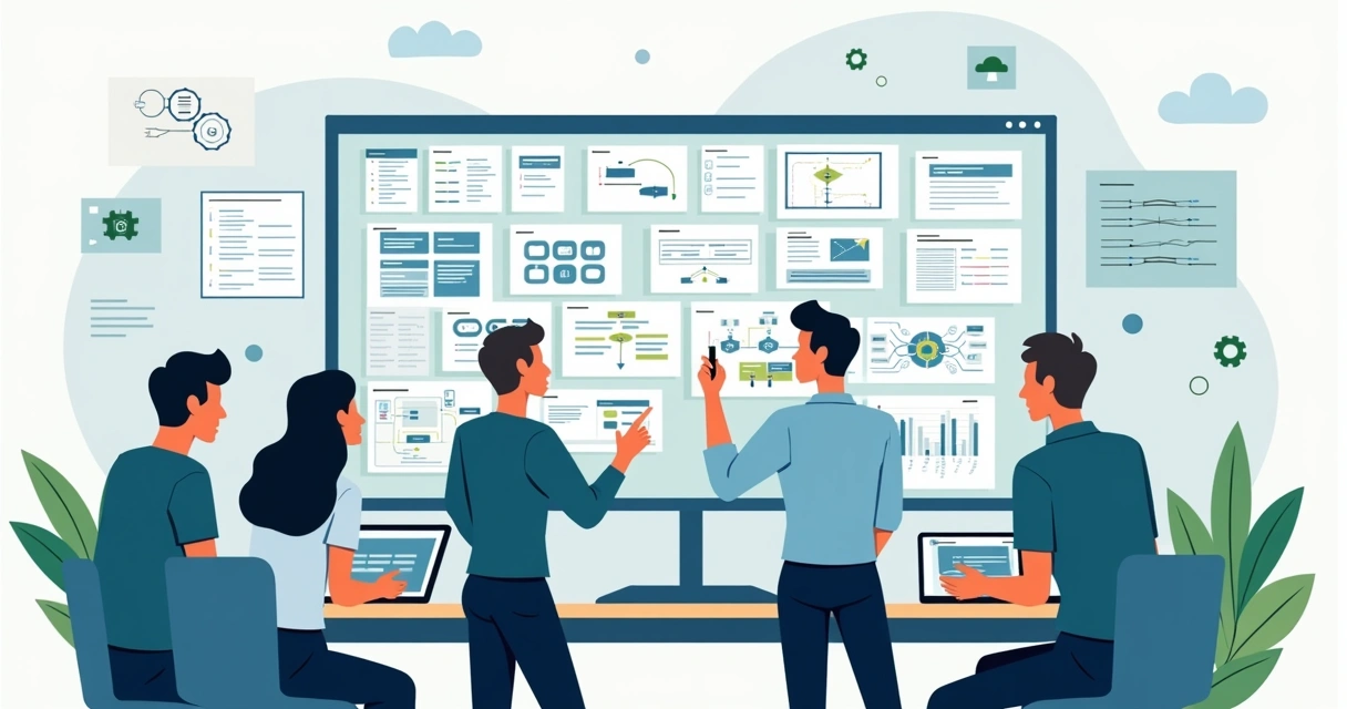 Ilustração corporativa plana mostrando profissionais de tecnologia criando e analisando diagramas de software com elementos como fluxogramas, diagramas UML e arquitetura de sistemas 