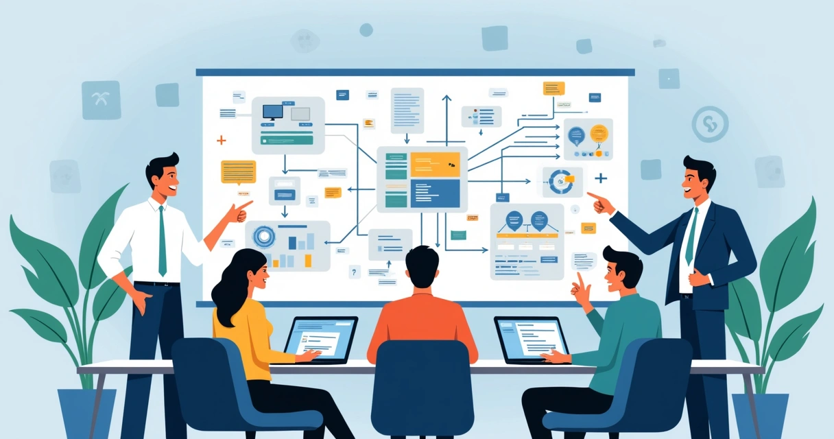 Equipe de desenvolvimento colaborando com diagramas digitais