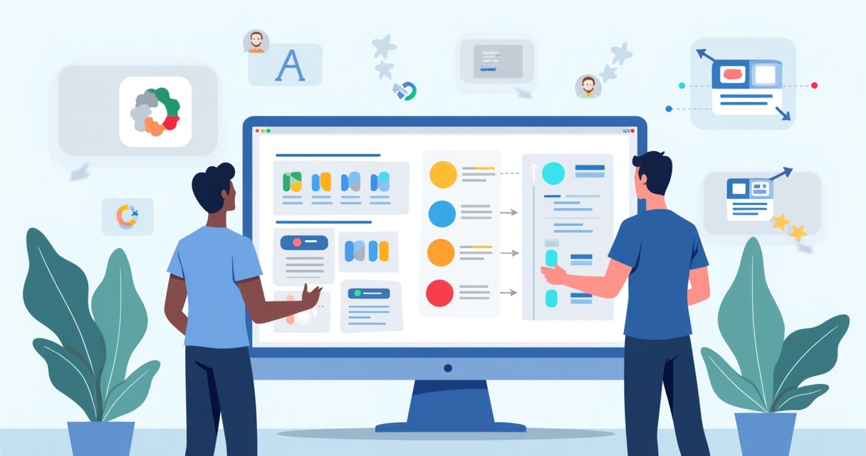 Ilustração corporativa flat mostrando tipo de diagramas front-end como componentes, containers e arquitectura de software 