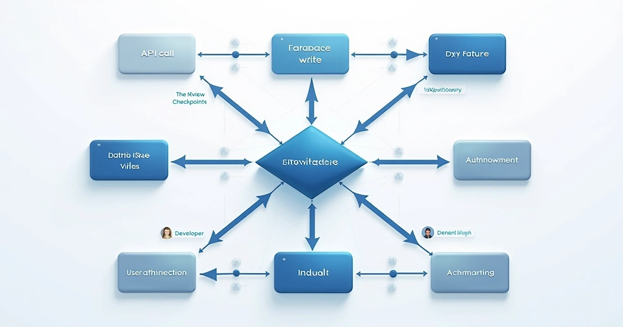 Diagrama visual simplificado mostrando um fluxo entre sistemas e decisões 