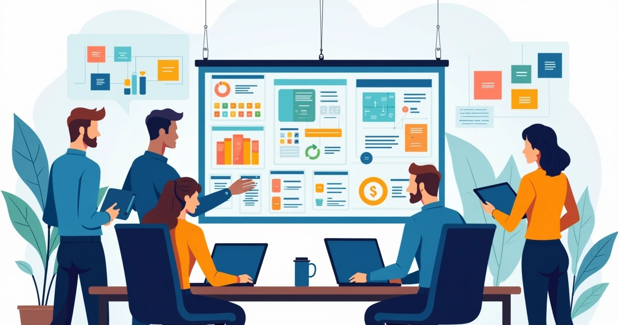 Equipe de desenvolvimento colaborando em frente a um quadro com diagramas de sistemas 