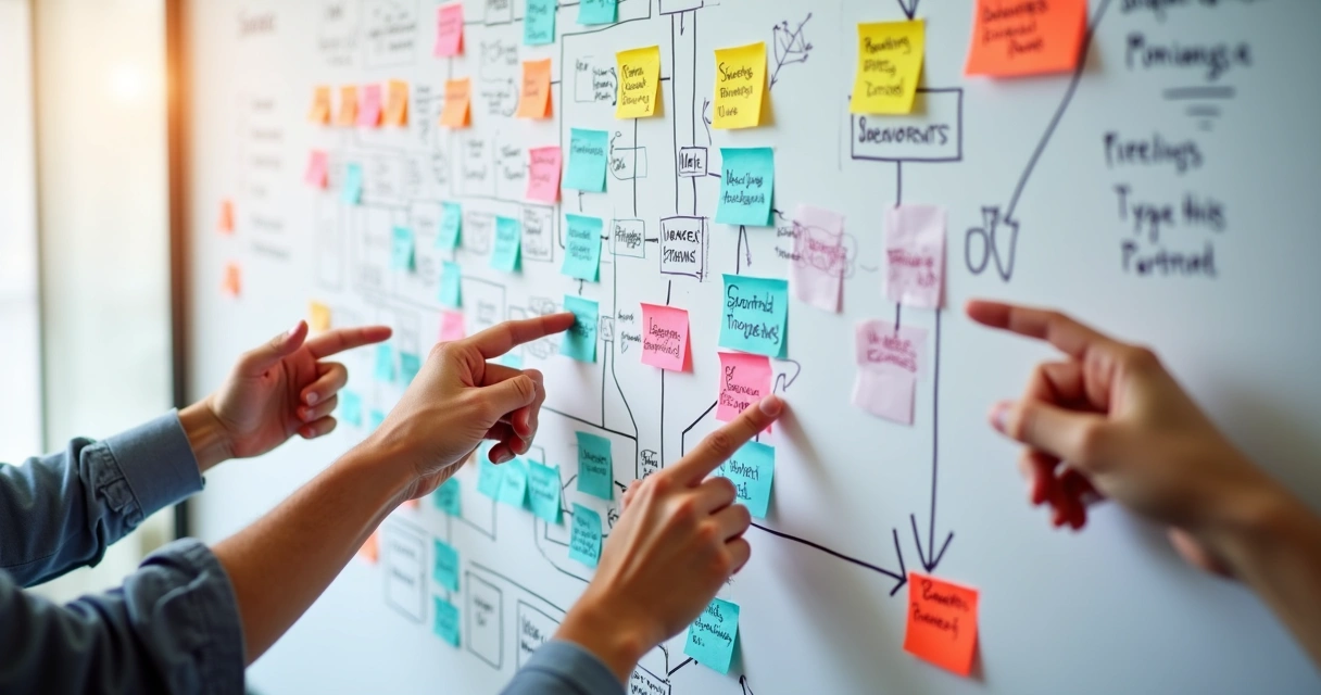 Diagramas coloridos representando relacionamentos e hierarquias em empresa desenhados em quadro branco.