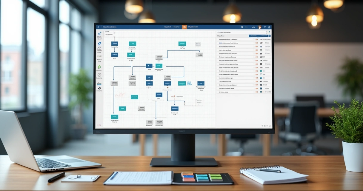 Tela de computador exibindo diagrama técnico com símbolos e legendas padronizados em um escritório moderno 