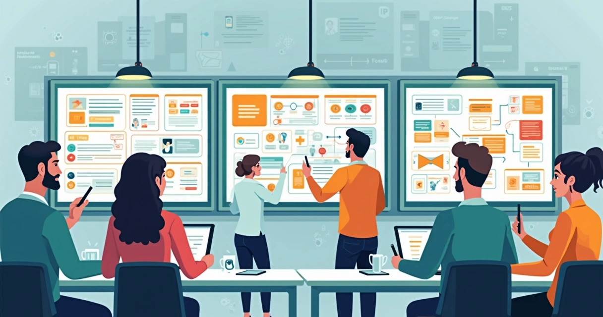 Ilustração corporativa mostrando desenvolvedores colaborando em diagramas de software em telas digitais 