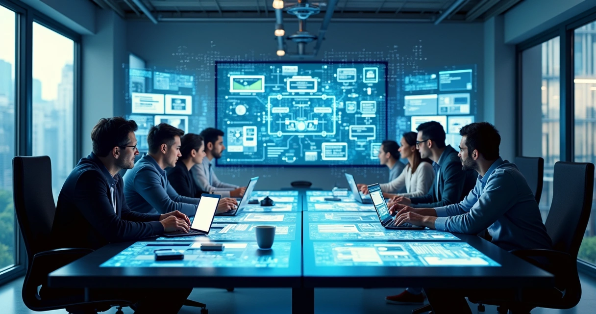 Equipe técnica colaborando em diagrama de arquitetura de software com múltiplos monitores e gráficos digitais 
