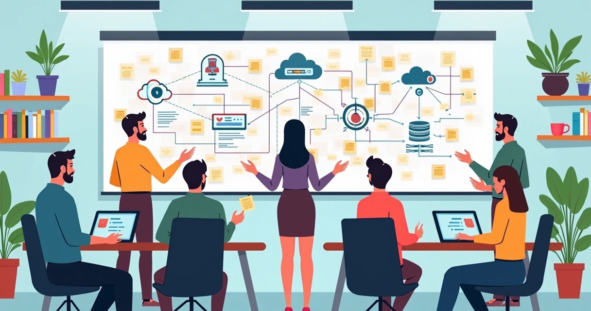 Diagramas digitais em uma tela, com ícones de tecnologia e setas coloridas