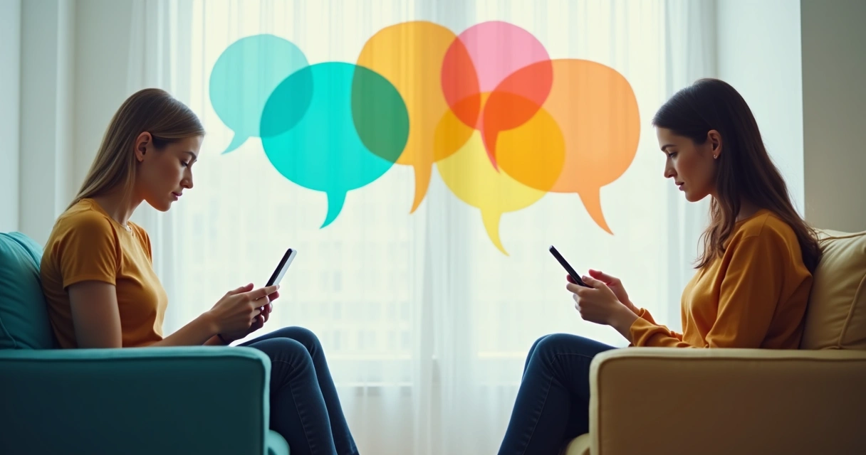 Duas pessoas trocando mensagens por smartphone, cada uma em ambientes distintos, com balões de fala conectando-as 