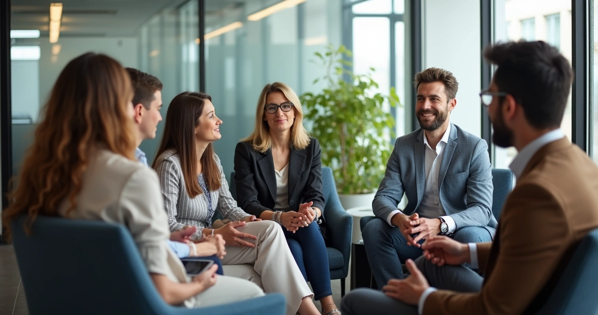 Grupo de profissionais sentados em círculo em reunião de conversa aberta 