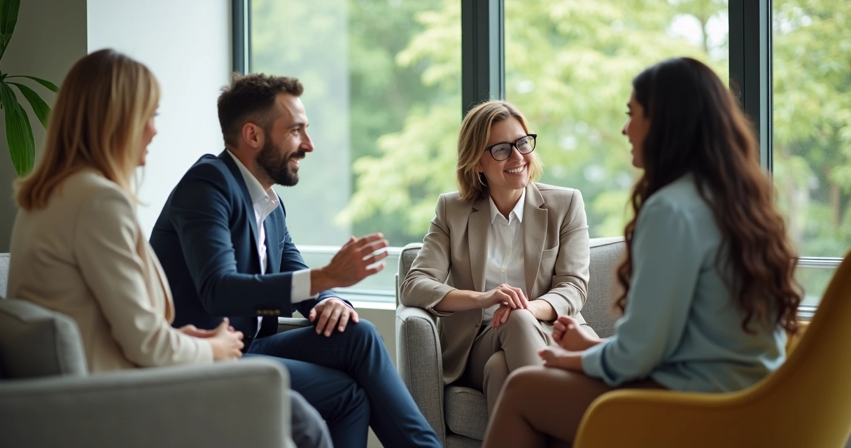 Colaboradores diversos conversando de forma aberta em escritório moderno