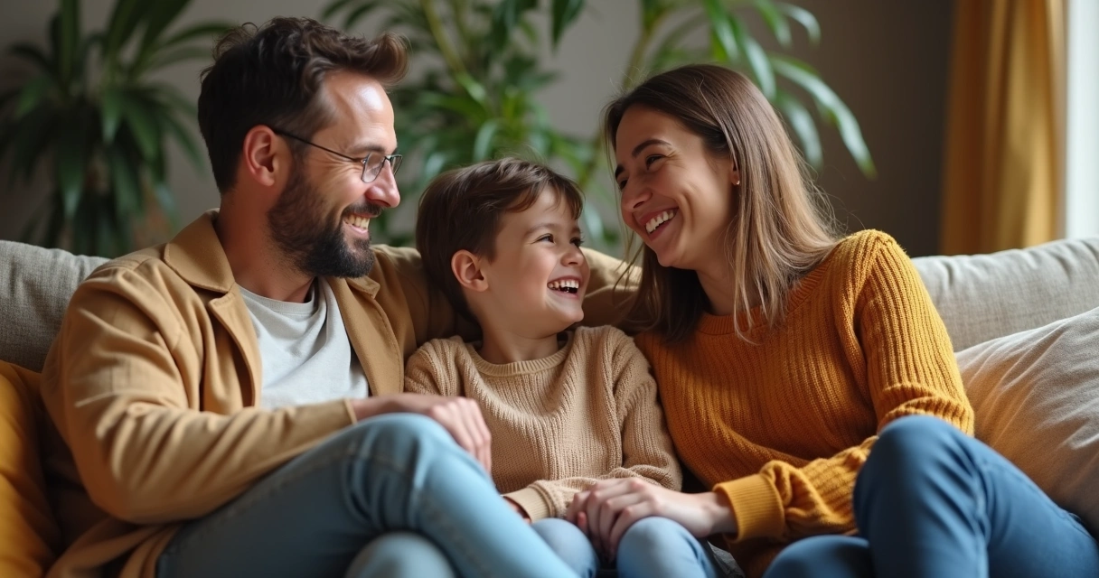 Pais e filhos sentados conversando juntos sorrindo