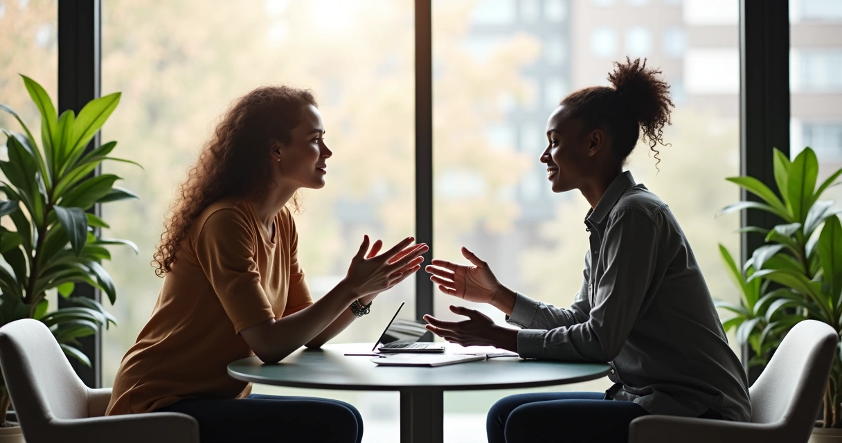 Dois colegas conversando em uma sala de escritório moderna 