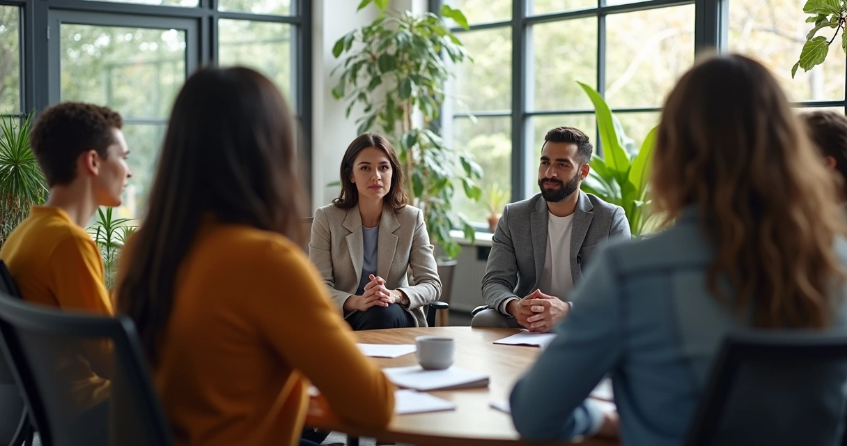 Time de trabalho sentado em círculo, conversando em ambiente corporativo