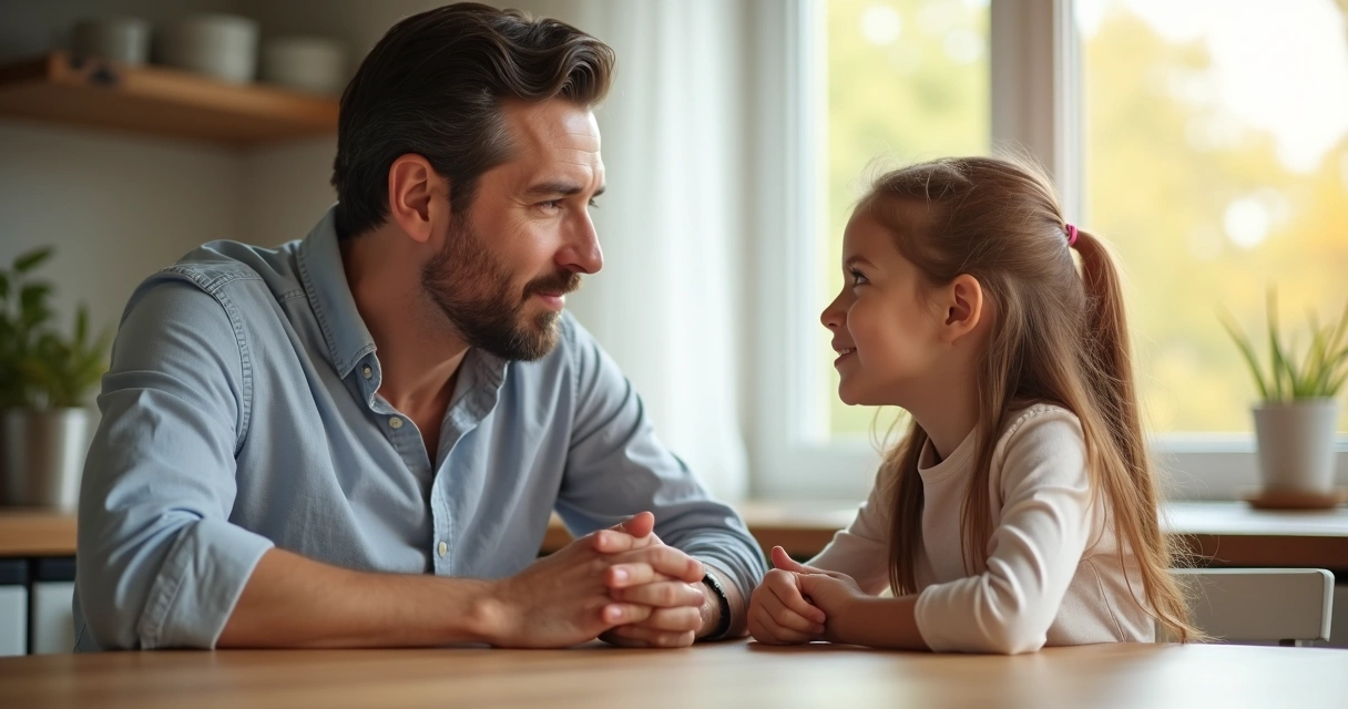 Padre e hija sentados conversando sinceramente