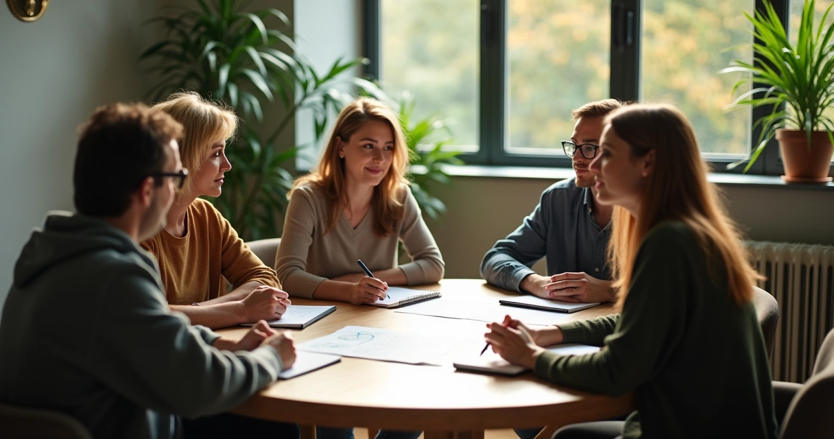 Personas dialogando con actitud abierta alrededor de una mesa