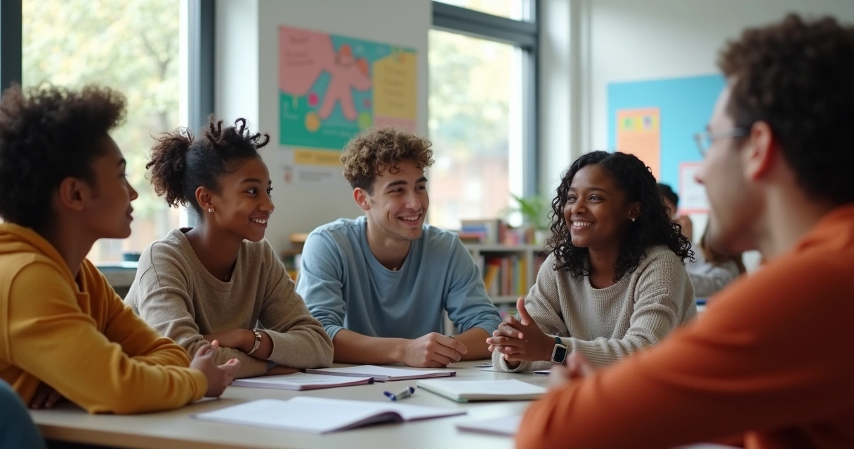 Grupo de adolescentes conversando en círculo en un aula moderna