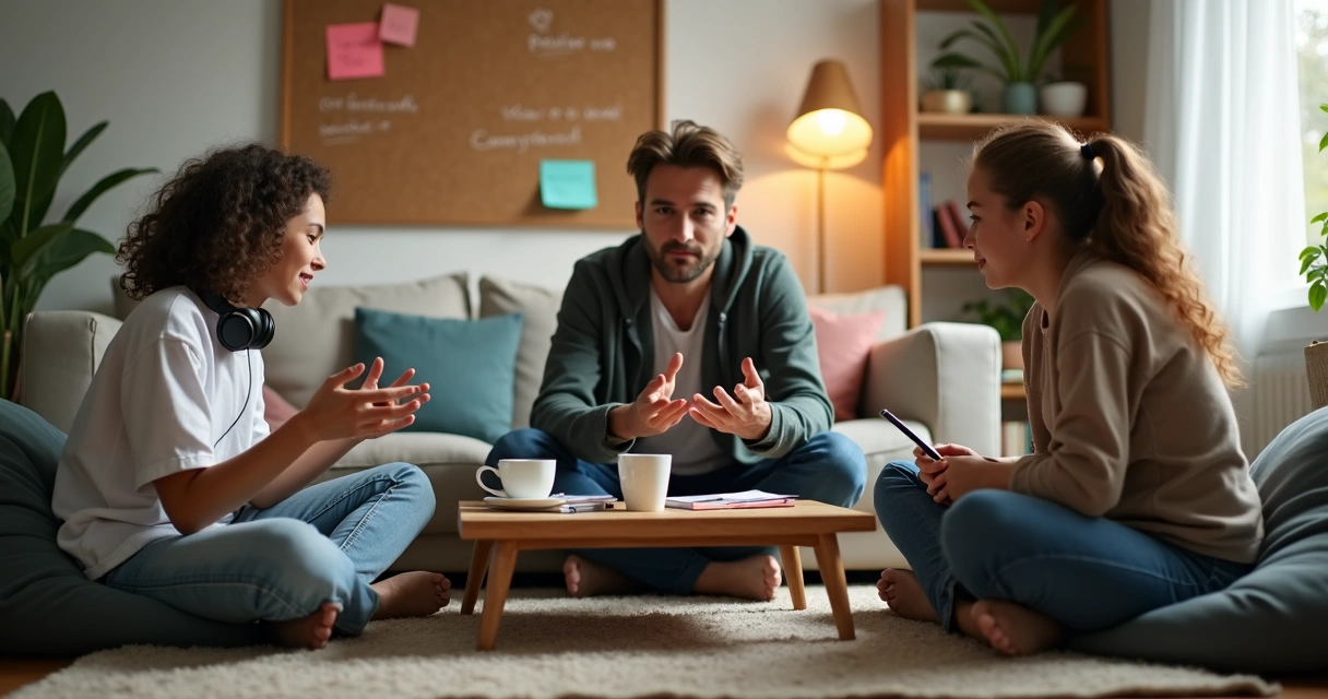 Adulto y adolescentes conversando relajados en sala de estar moderna 