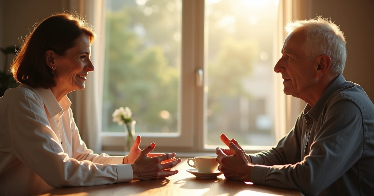 Casal conversando com calma em uma mesa