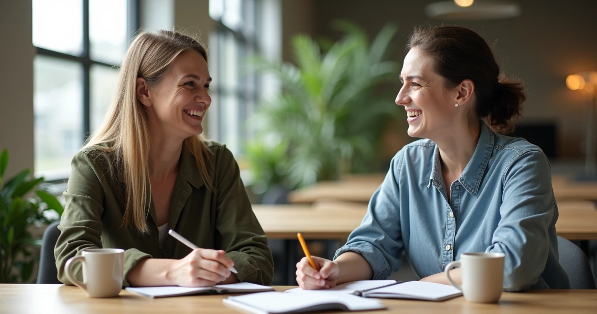 Dois adultos conversando sorrindo em ambiente de escritório 