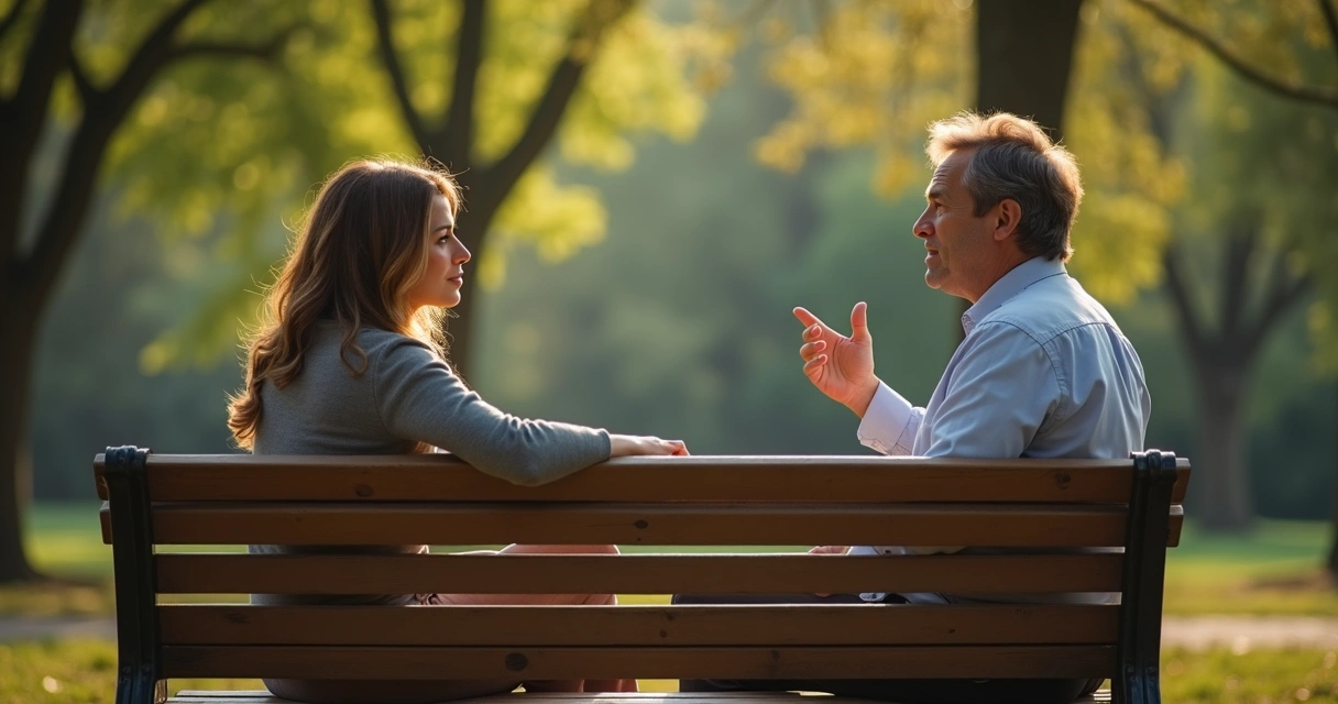 Duas pessoas conversando sentadas em um banco de praça 