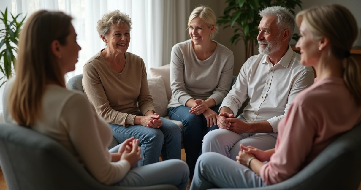 Grupo de pessoas conversando em círculo de forma equilibrada