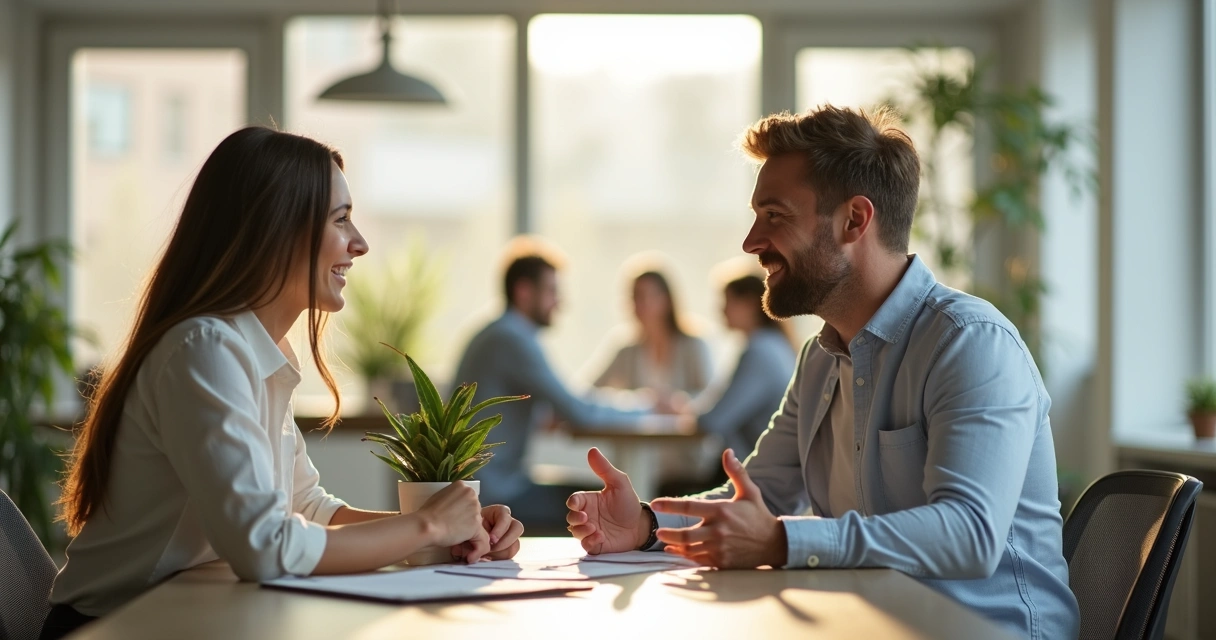 Duas pessoas conversando de forma amigável em ambiente de trabalho