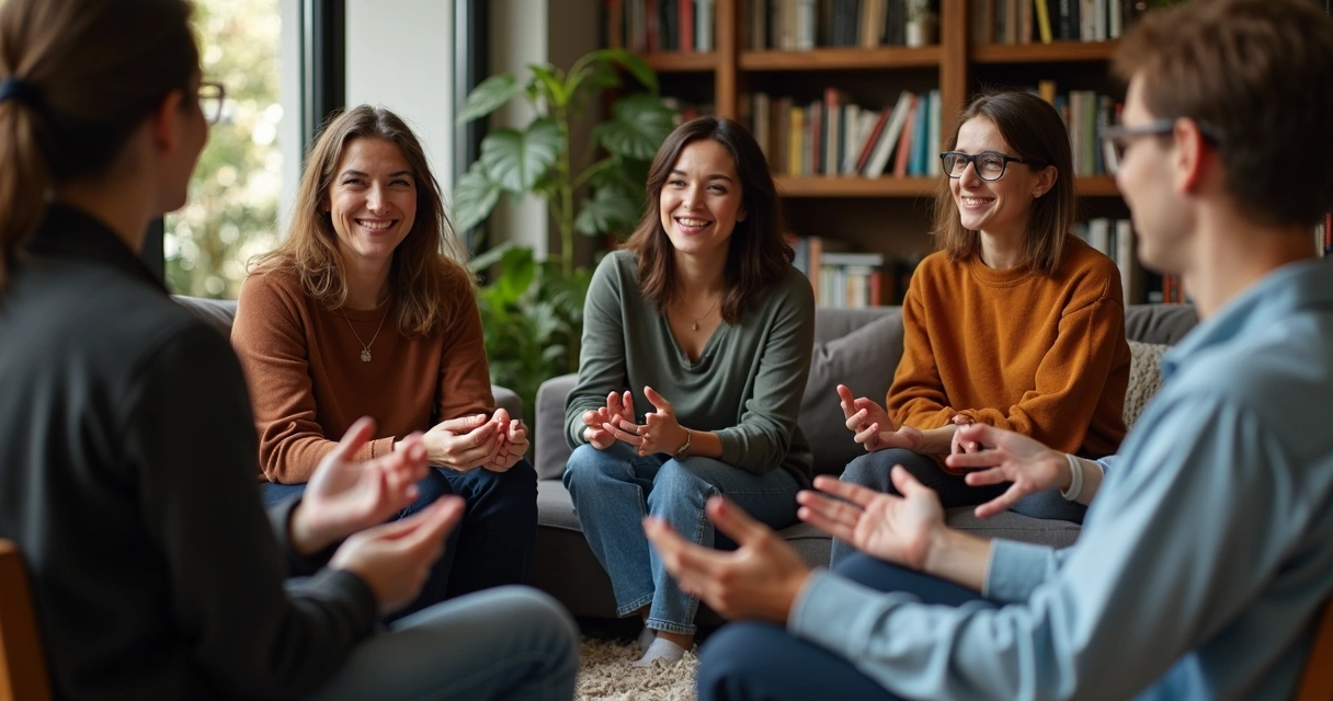 Grupo de amigos dialogando sentados en círculo, expresando emociones con calma