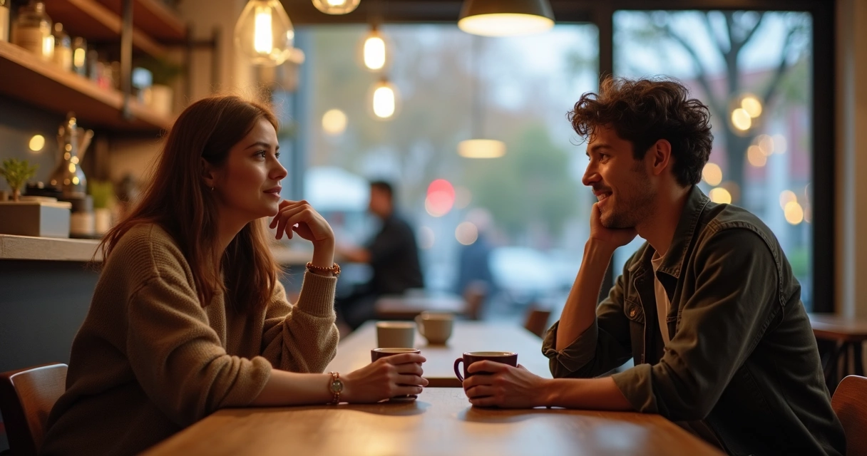 Dos personas conversando afectuosamente en una cafetería. 