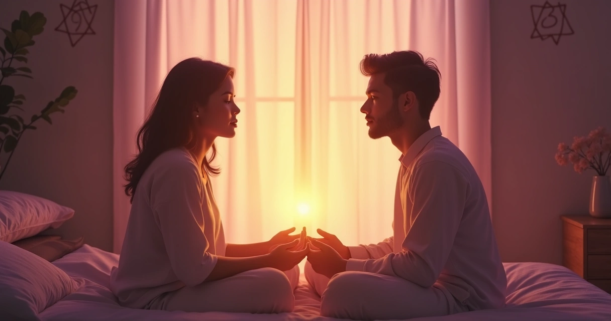 Dois parceiros sentados de frente, com luz dourada entre eles, ambiente íntimo e aura de calma e conexão. 