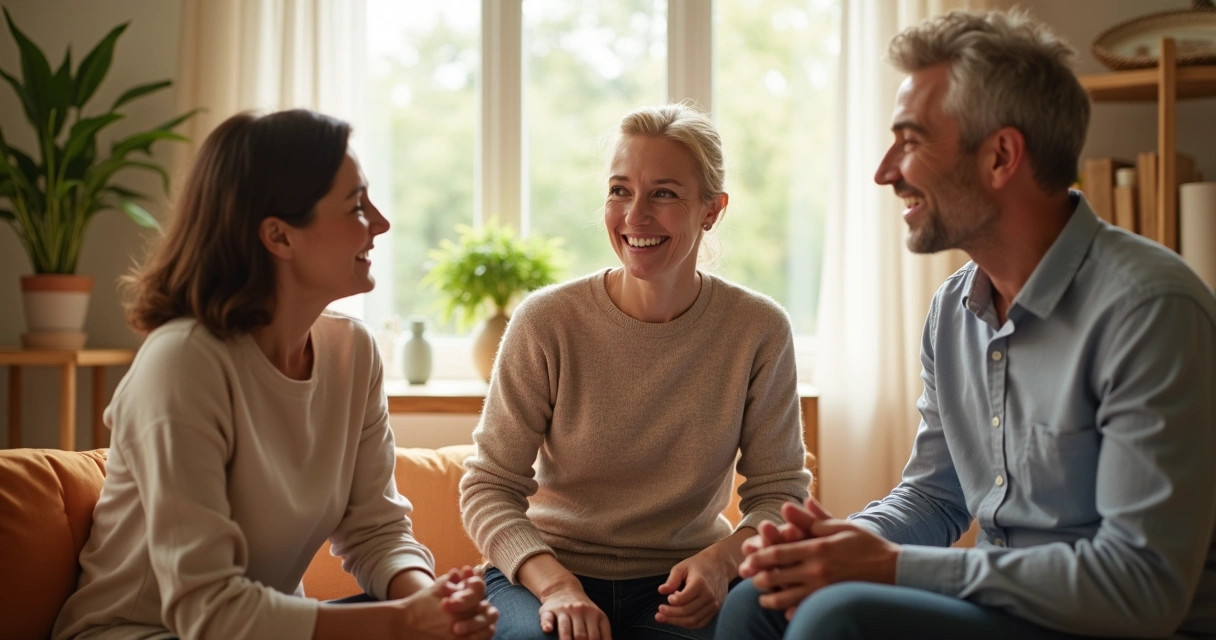 Pequeño grupo conversando amablemente en una sala iluminada 