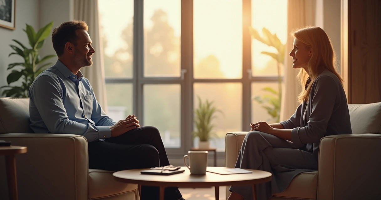 Duas pessoas conversando de forma calma e respeitosa em uma sala iluminada