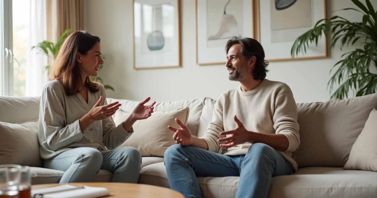 Casal conversando com calma sentados em sofá claro 