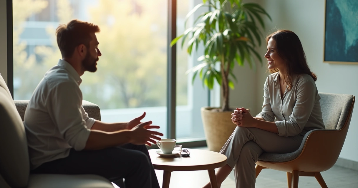 Dos personas conversan en una oficina tranquila practicando atención plena en un diálogo difícil 