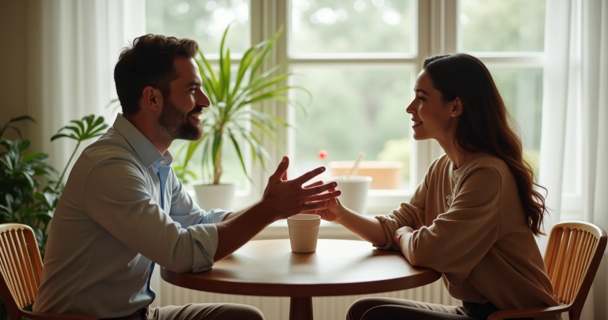 Duas pessoas conversam sentadas frente a frente, mostrando gestos acolhedores e leves sorrisos 