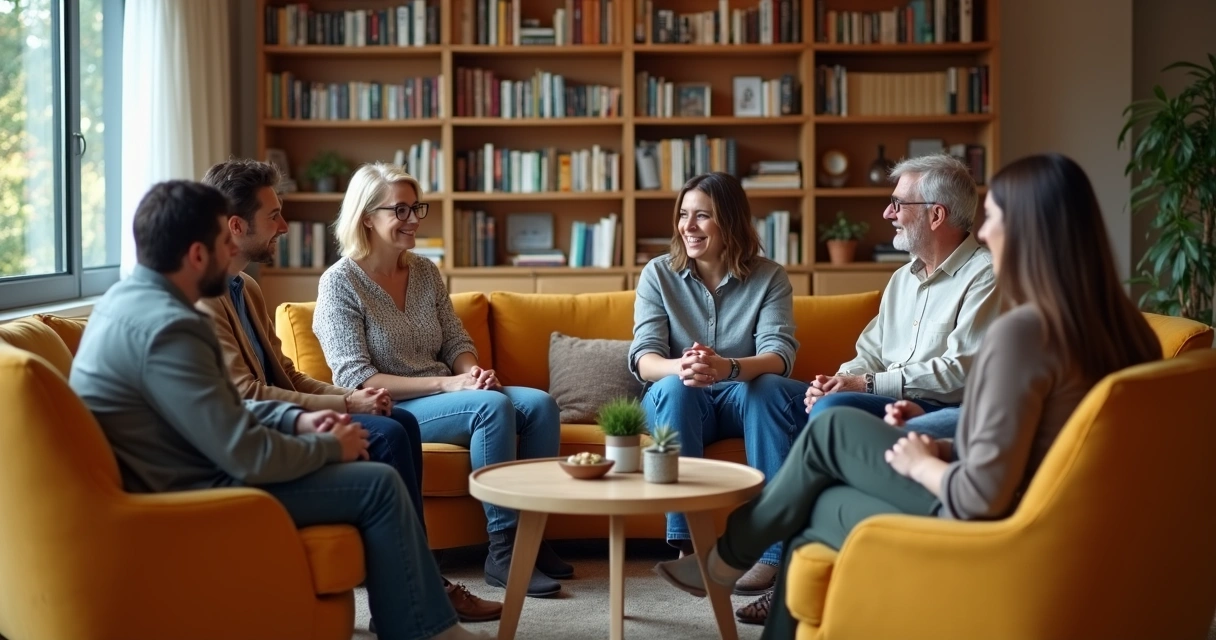 Grupo em círculo conversando em ambiente descontraído 