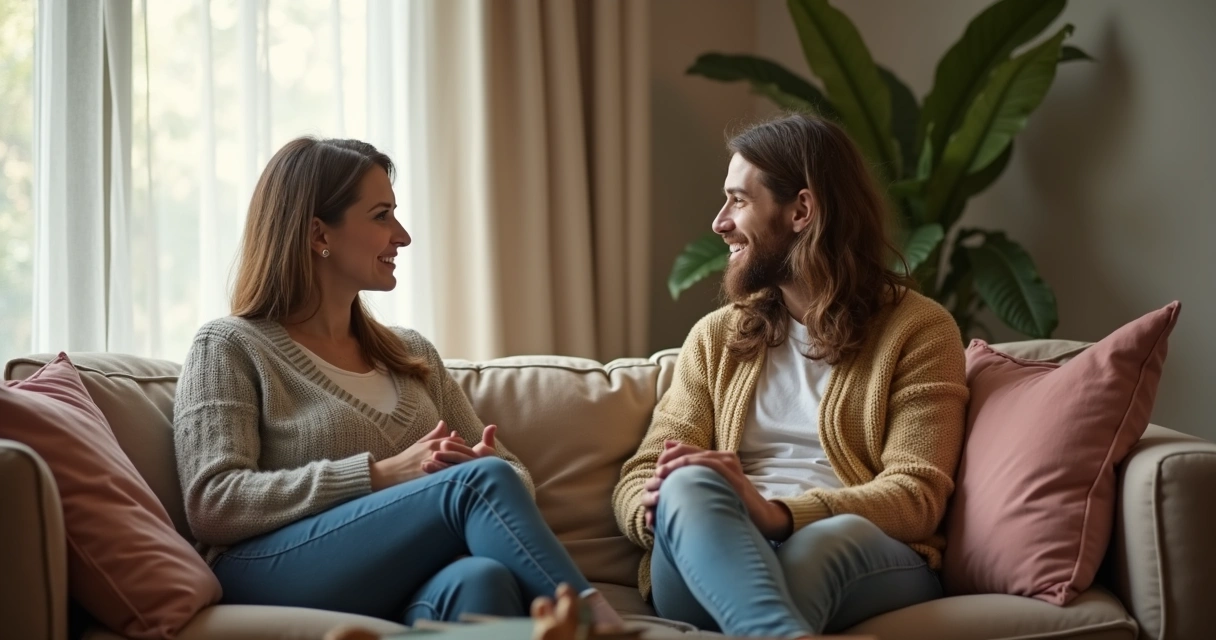 Pareja conversando sinceramente en una sala tranquila 