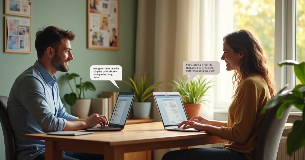 Duas pessoas conversando em ambiente digital, trocando mensagens em tom amigável