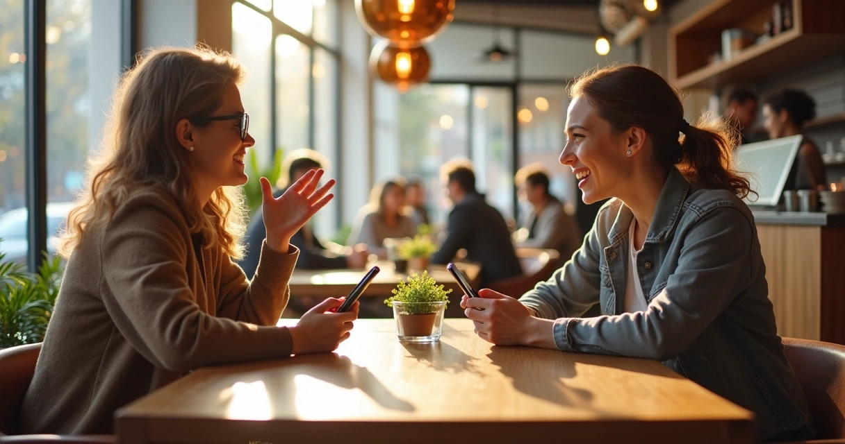 Duas pessoas sentadas em um café conversando, com celulares ao lado, olhando uma para a outra 