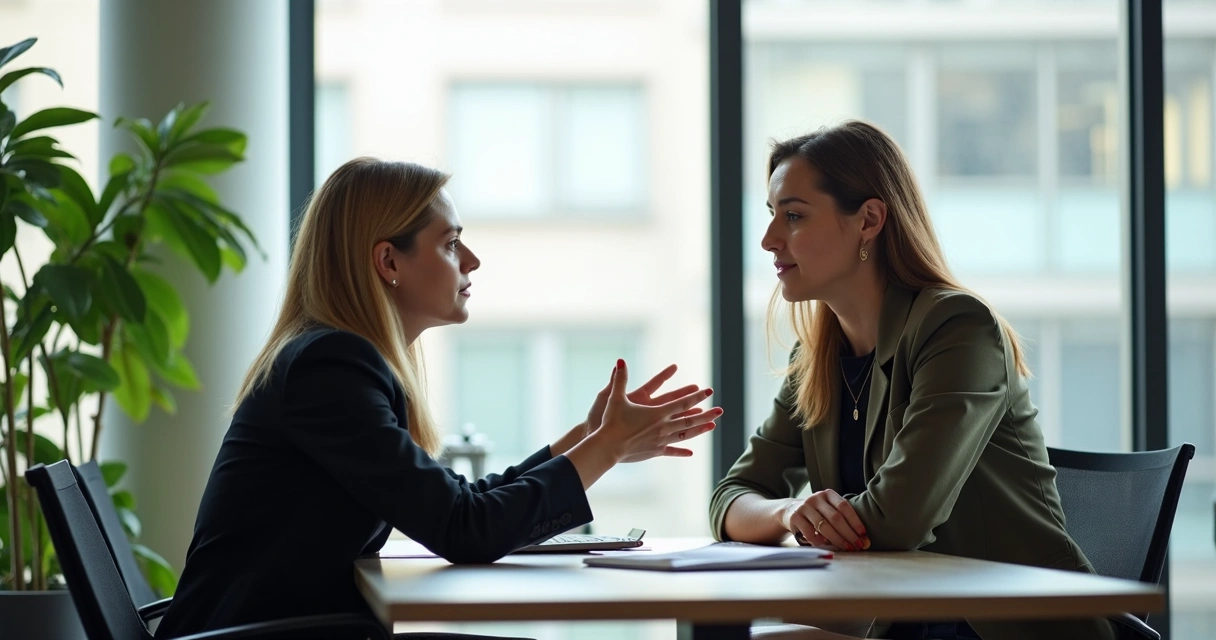 Dos personas teniendo una conversación auténtica en un entorno de oficina moderno
