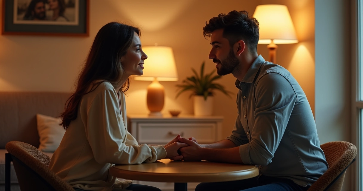 Casal sentado conversando de mãos dadas, ambiente acolhedor, expressão de compreensão