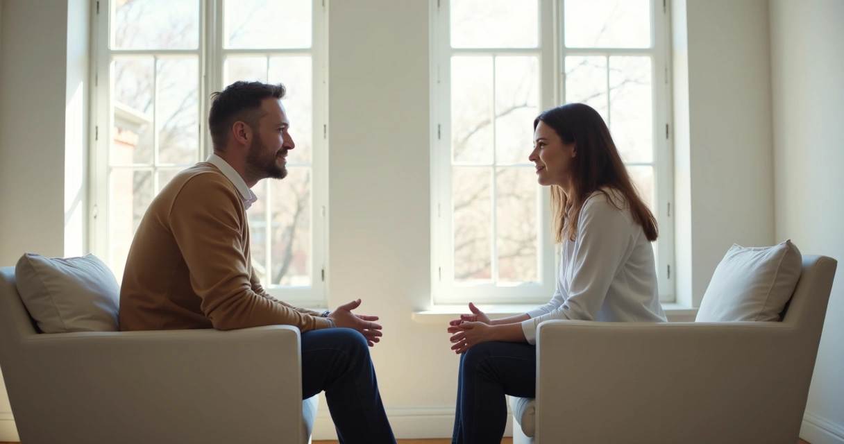 Dos personas dialogando tranquilamente en una sala luminosa 