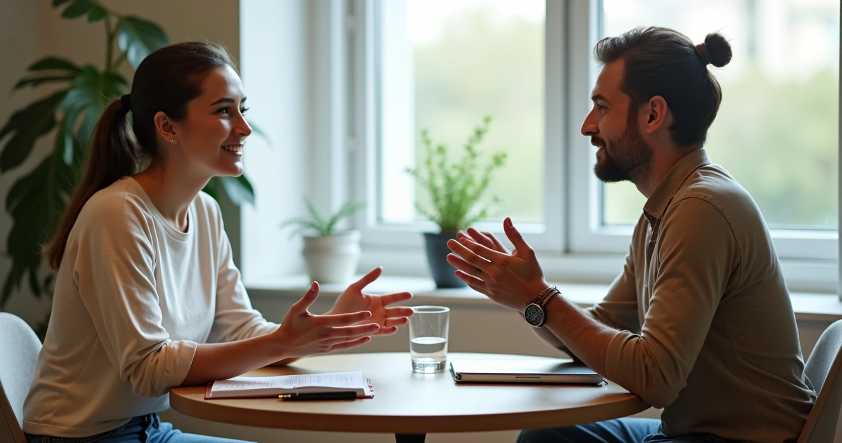 Duas pessoas conversando com atenção plena em uma mesa redonda 