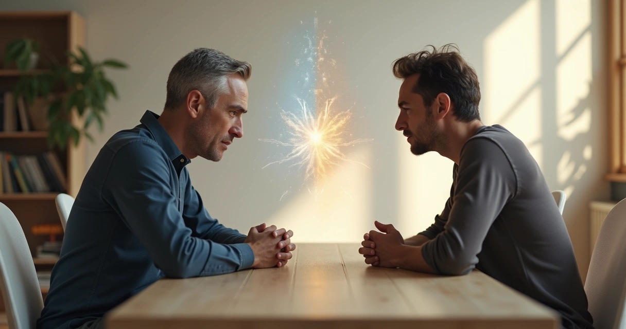 Duas pessoas conversando em uma mesa com um campo de energia sutil entre elas 