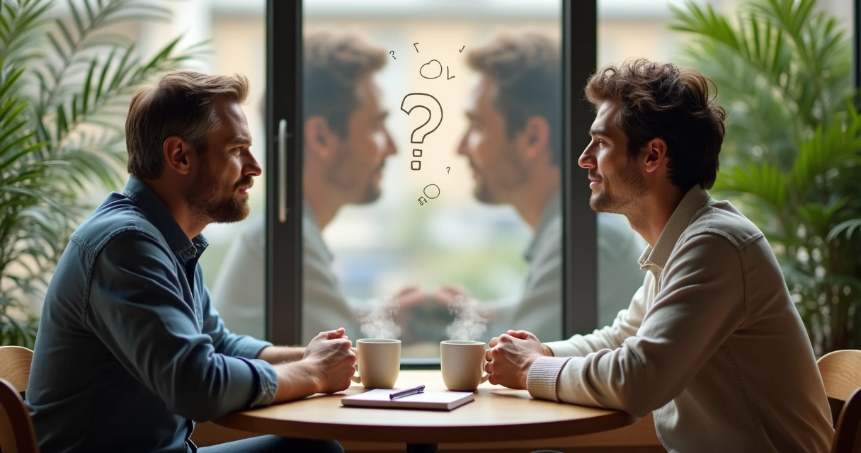 Duas pessoas conversando em café com reflexo interno no vidro atrás delas 